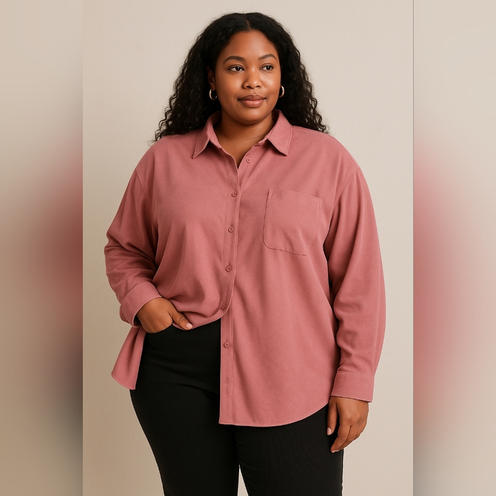 Real Comfort 2X Button-Up Lined Shirt Blouse Faux Suede Mauve